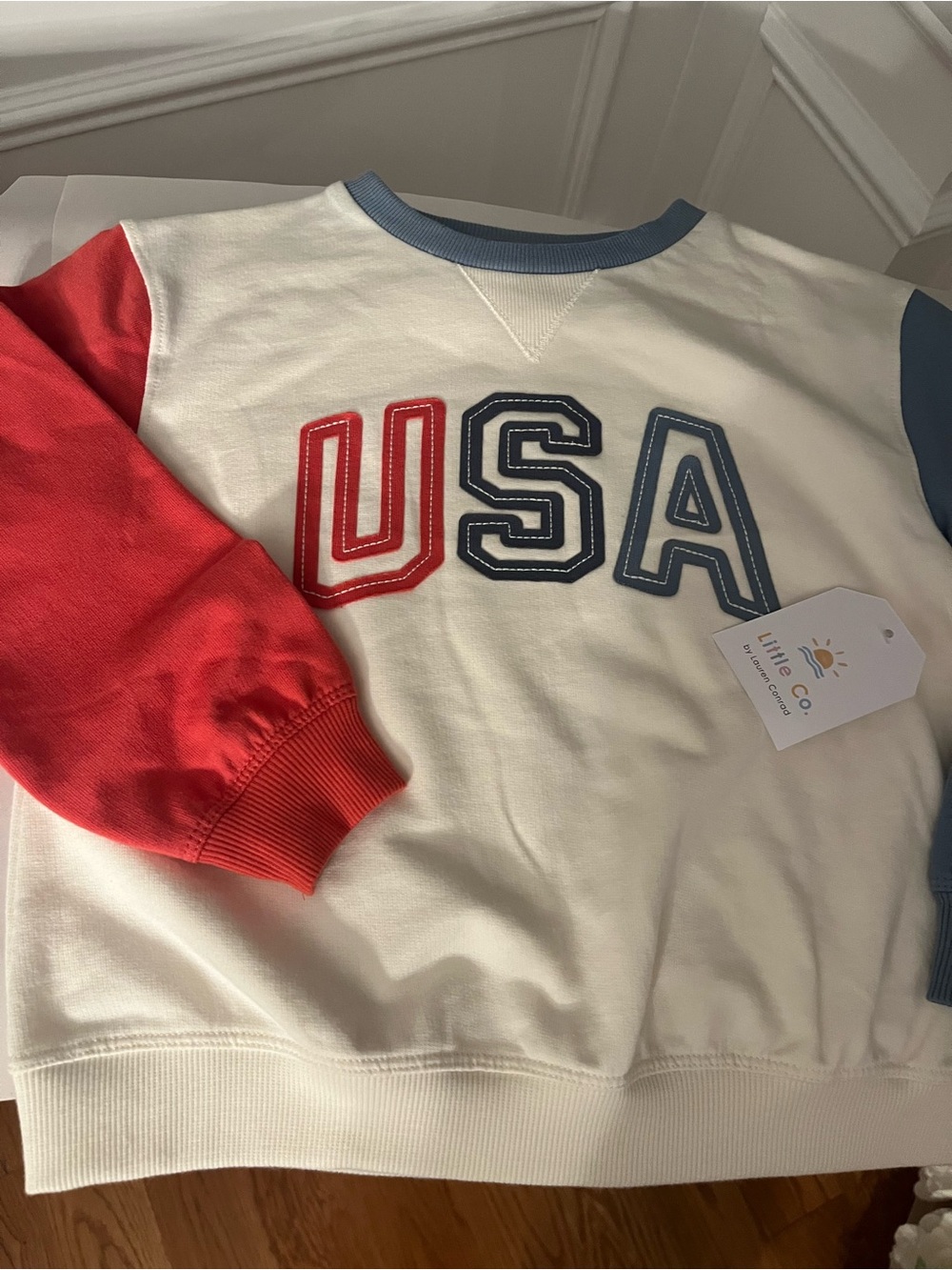 Little Co. Kids USA Colorblock Crew Sweatshirt - White, Red, Blue